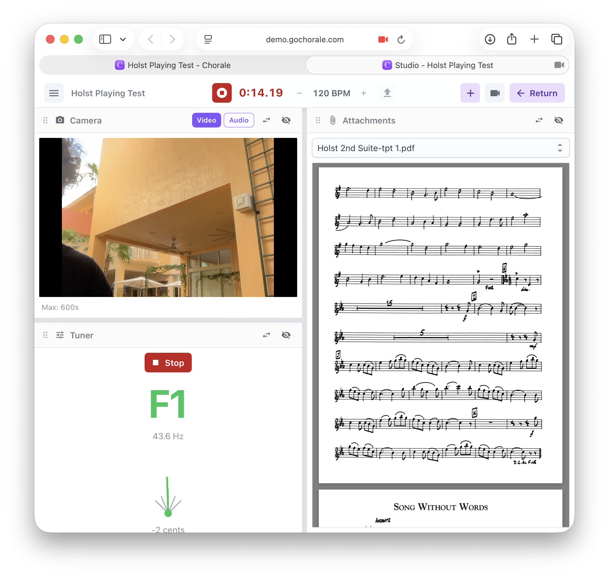 Studio recording interface showing a student recording a playing test